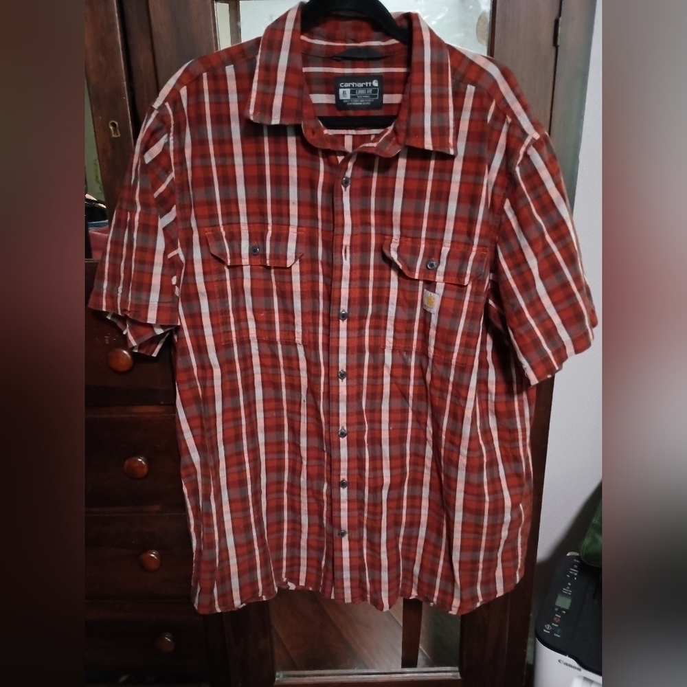 Carhartt Men's Short Sleeve Shirt Loose Fit Work Red Plaid Size XL Tall